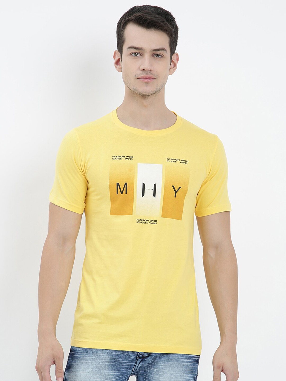 

V2 Value & Variety Men Yellow Typography Printed Applique T-shirt