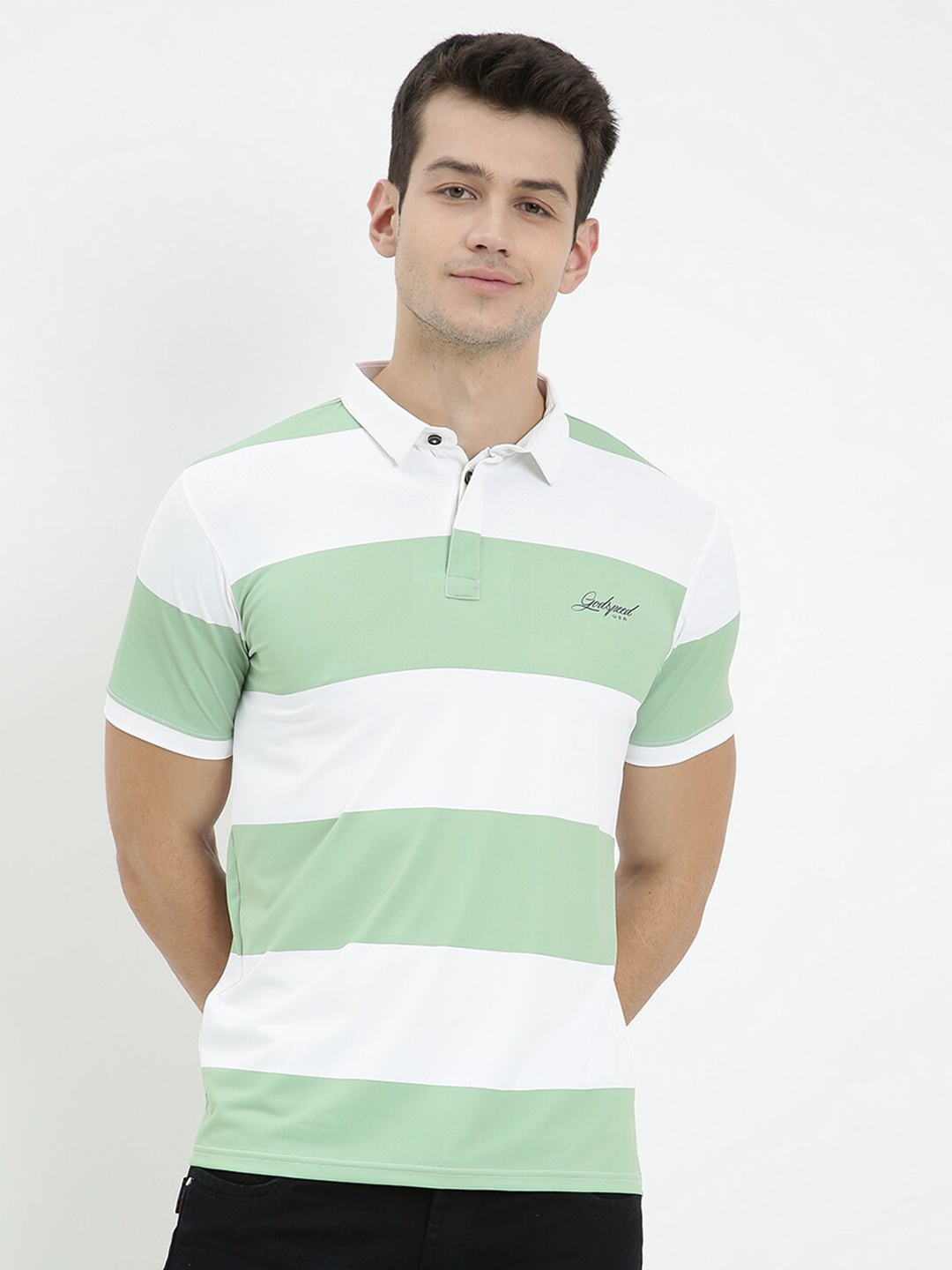

V2 Value & Variety Men White and Green Striped T-shirt