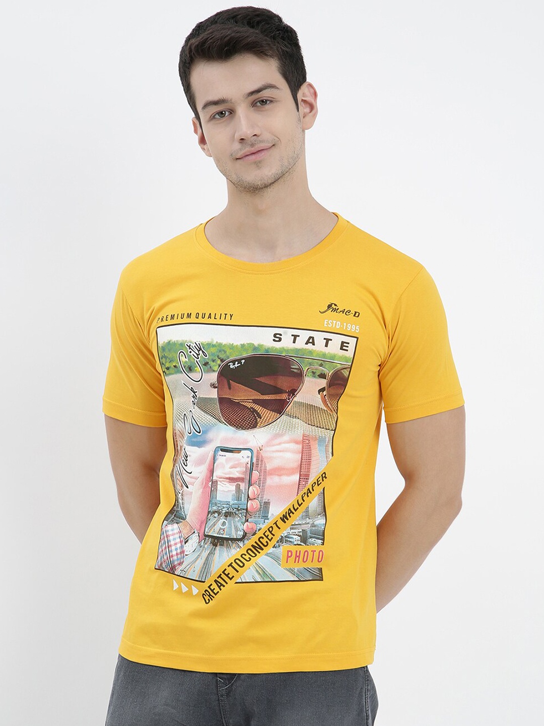 

V2 Value & Variety Men Mustard Yellow Printed Raw Edge T-shirt