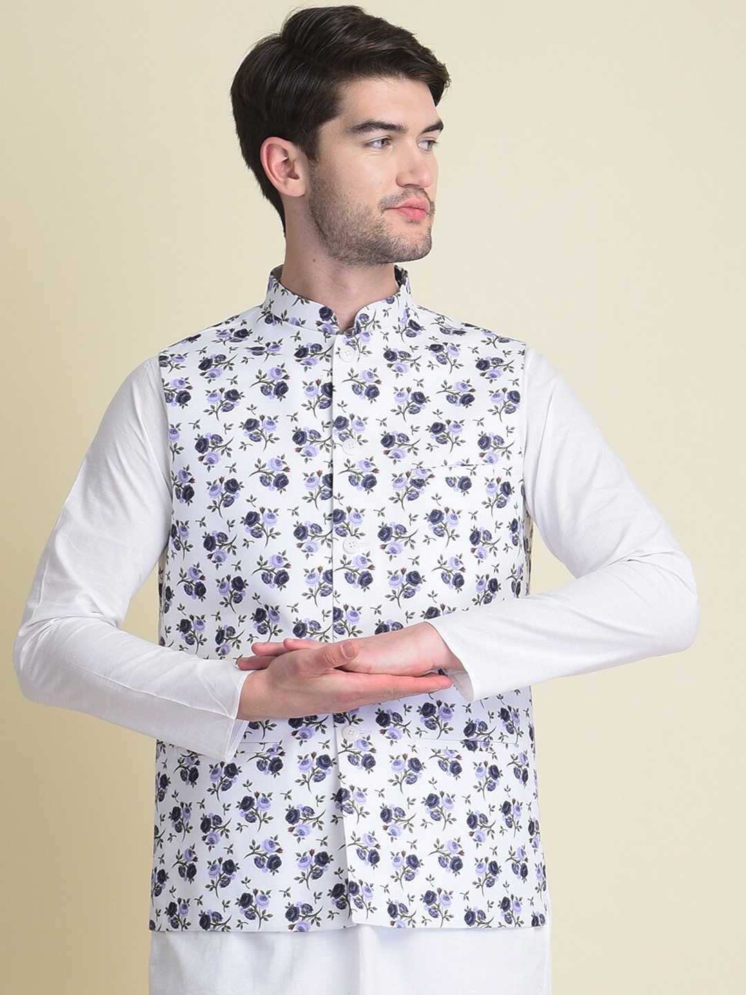 

NAMASKAR Men White Printed Nehru Jackets