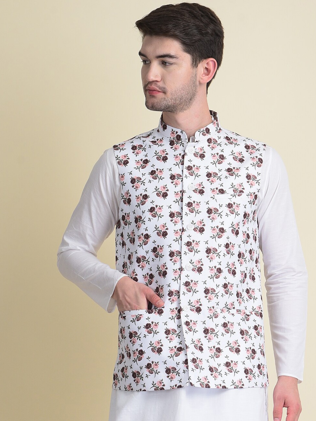 

NAMASKAR Men White Printed Woven Nehru Jacket