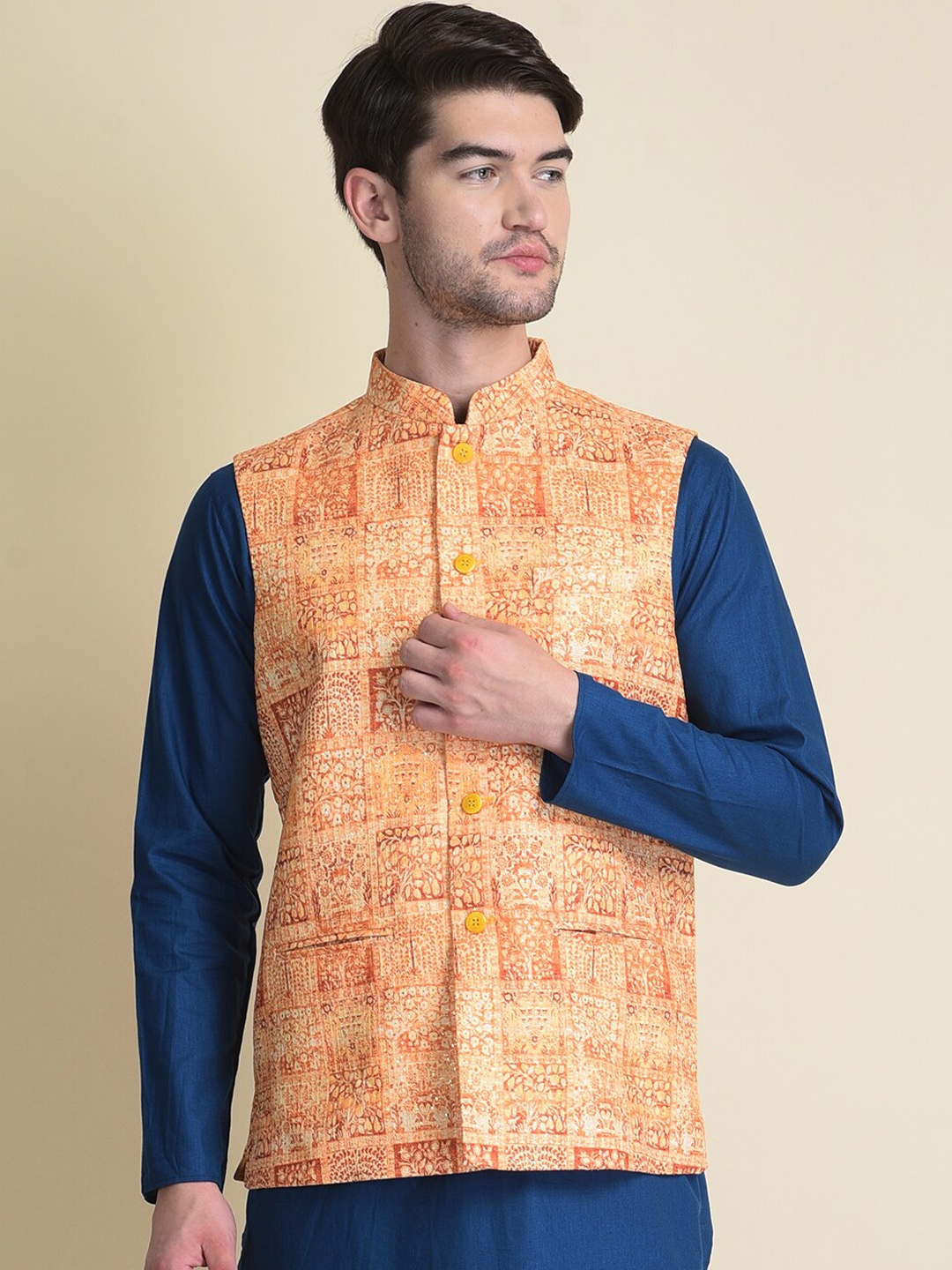 

NAMASKAR Men Beige Solid Woven Nehru Jackets