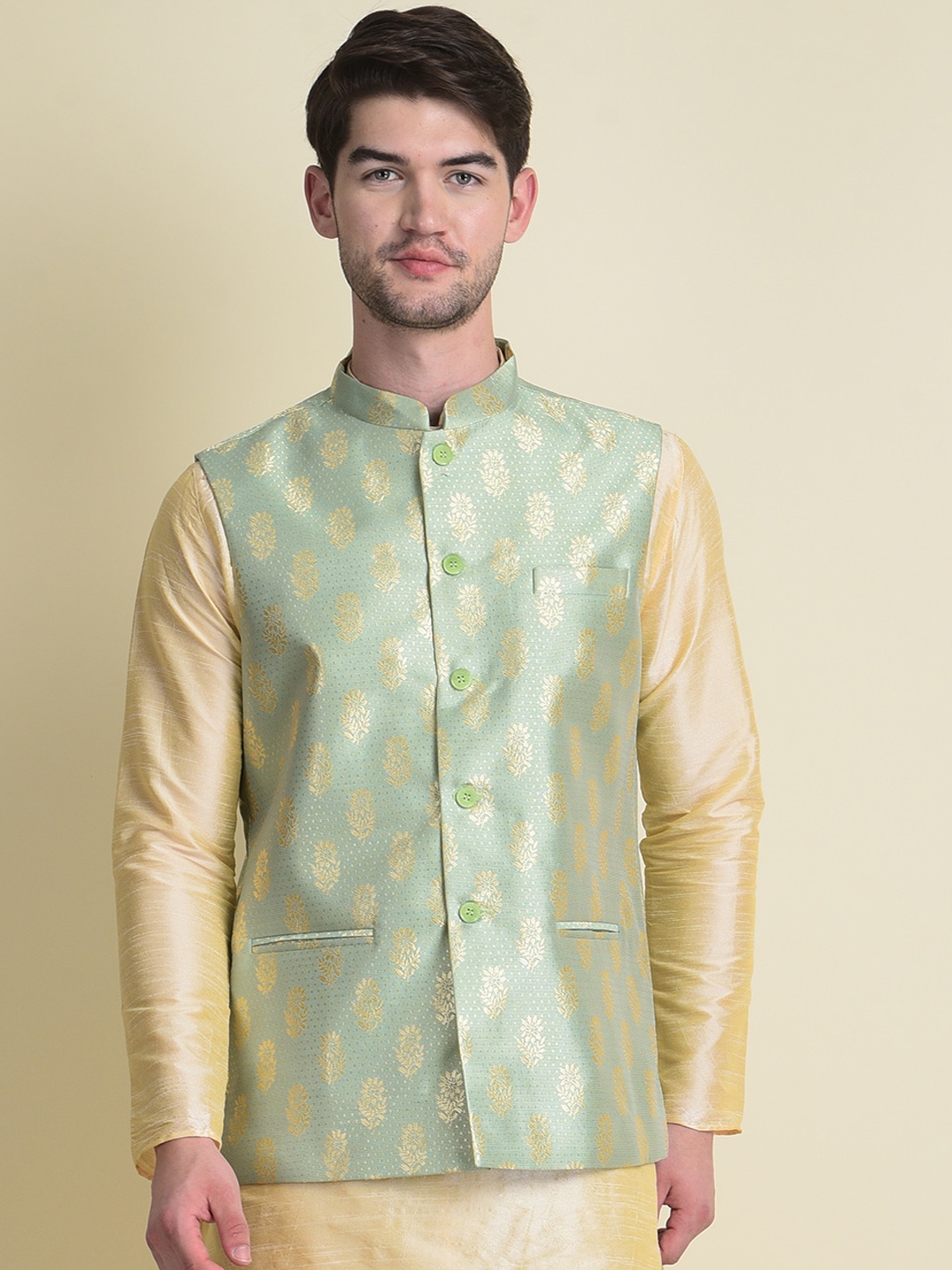 

NAMASKAR Men Sea-Green & Gold-Colored Printed Woven Nehru Jacket
