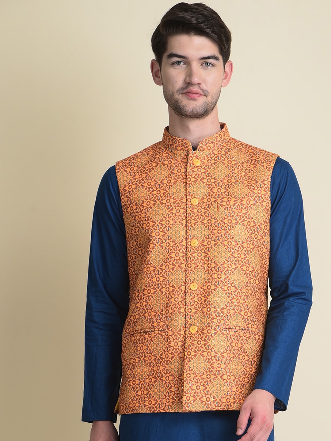 

NAMASKAR Men Beige Solid Woven Nehru Jackets