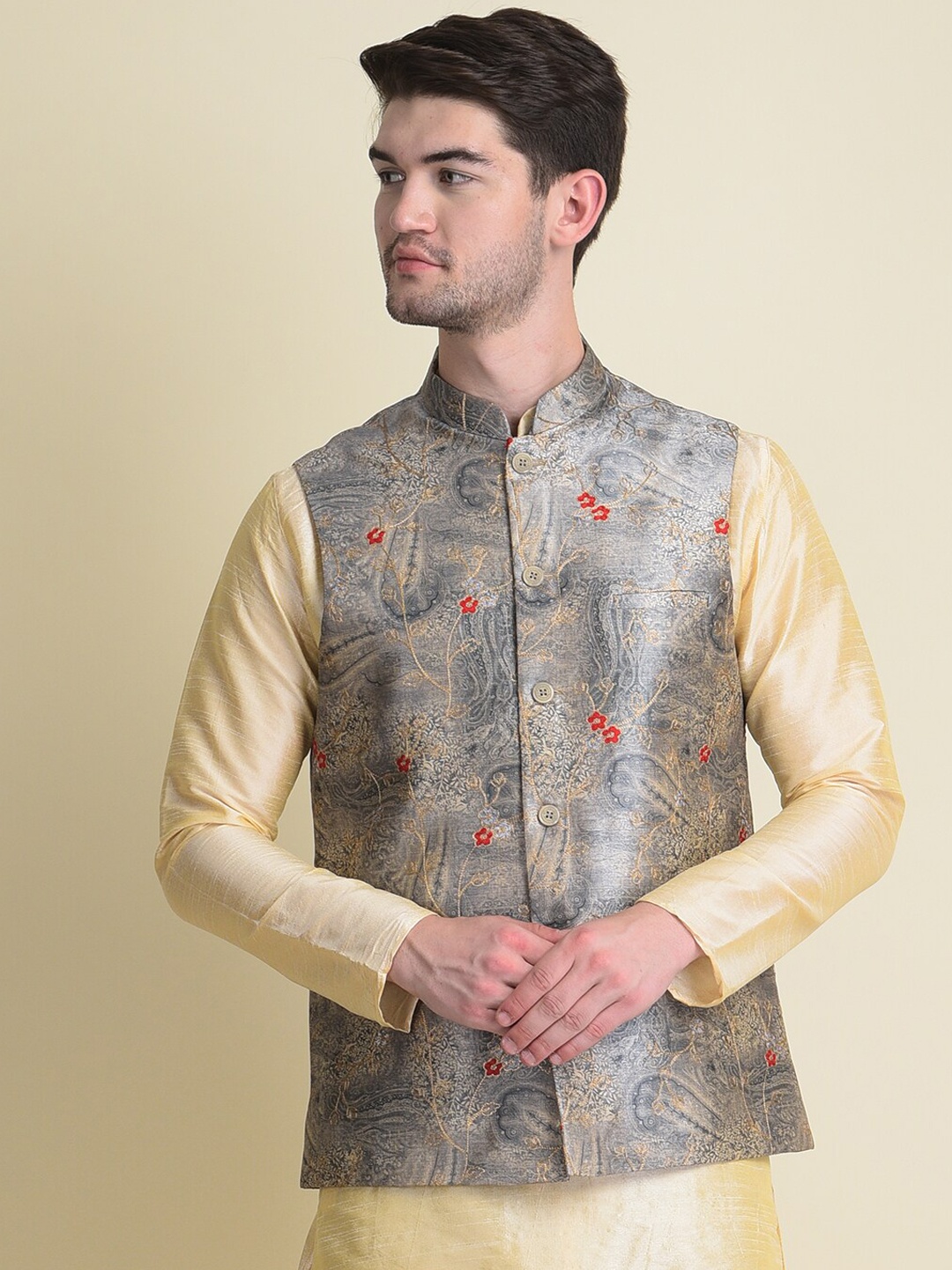 

NAMASKAR Men Silver Colored Printed Pure Silk Nehru Jackets