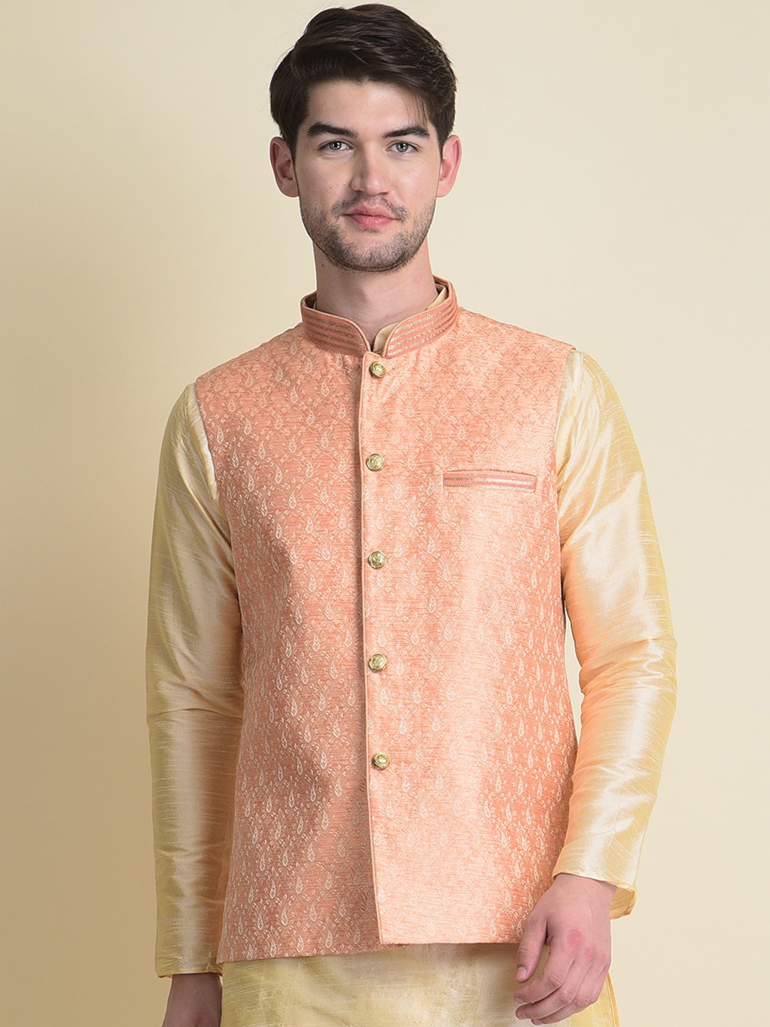 

NAMASKAR Men Peach Woven Design Nehru Jackets