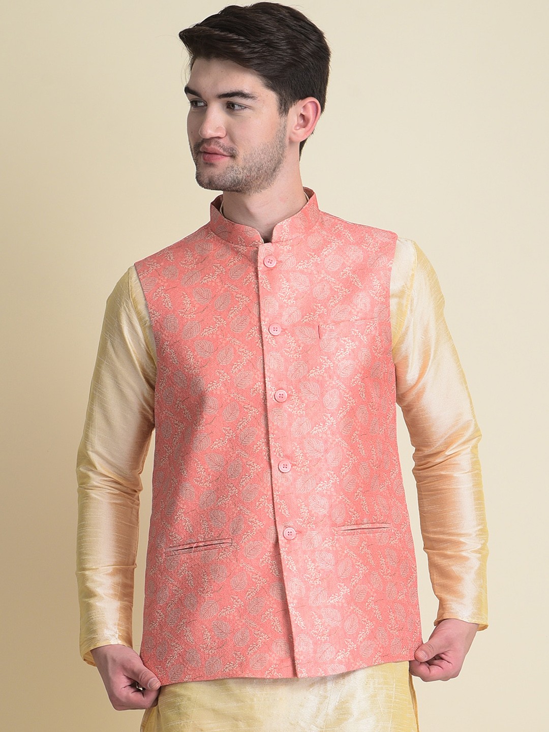 

NAMASKAR Men Peach Coloured Printed Woven Nehru Jackets