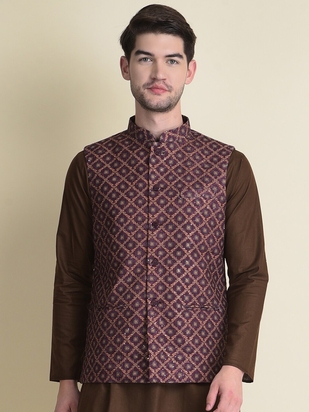 

NAMASKAR Men Maroon Printed Woven Nehru Jackets