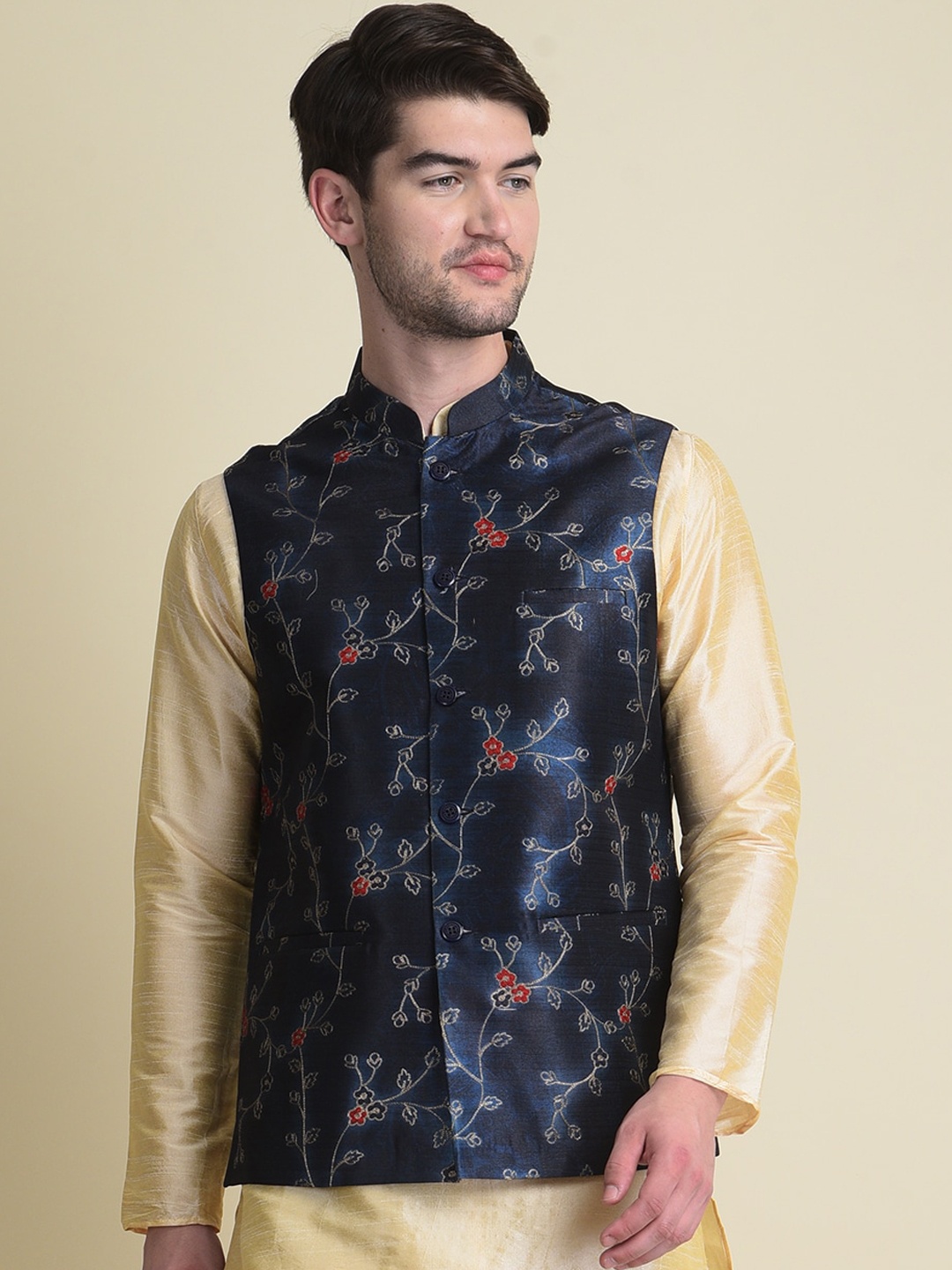

NAMASKAR Men Blue Printed Woven Nehru Jacket