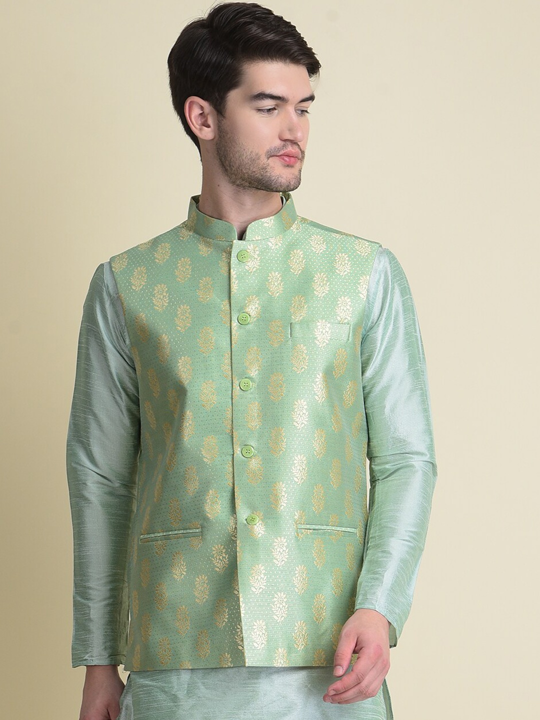 

NAMASKAR Men Green Printed Woven Nehru Jacket