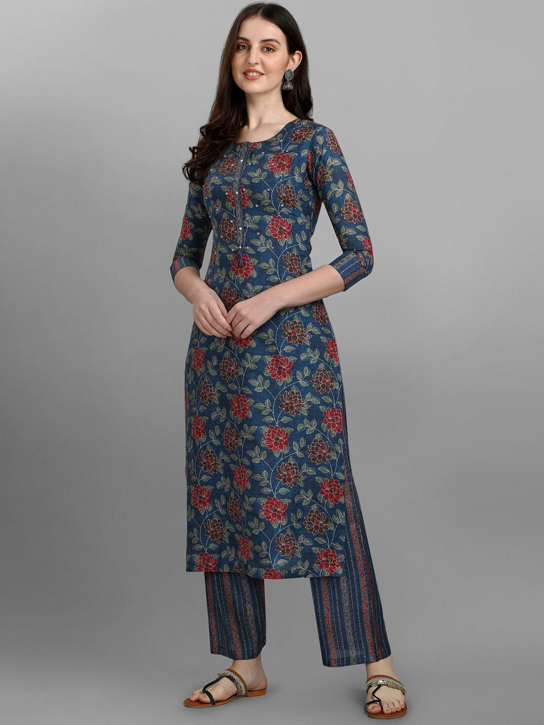 

Seerat Women Blue Embroidered Pleated Silk Crepe Kurta with Trousers & With Dupatta