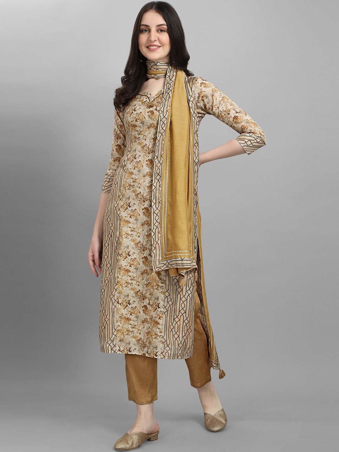

Seerat Women Coffee Brown Embroidered Silk Crepe Kurti with Trousers & With Dupatta