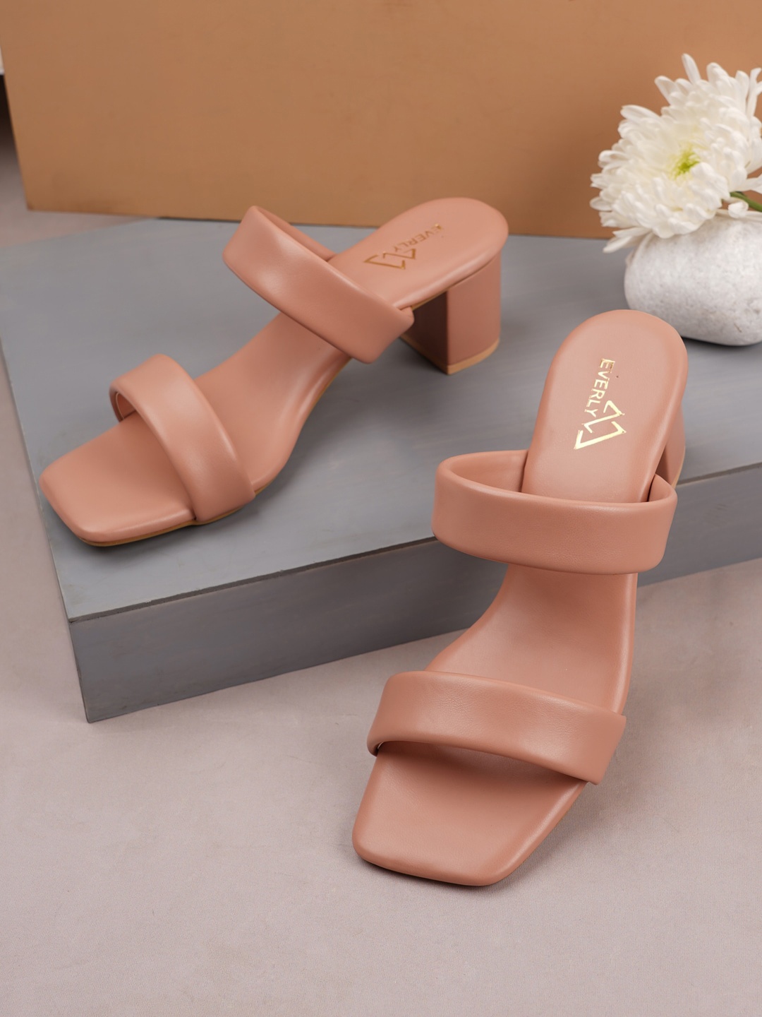 

EVERLY Pink Colourblocked Block Peep Toes with Buckles