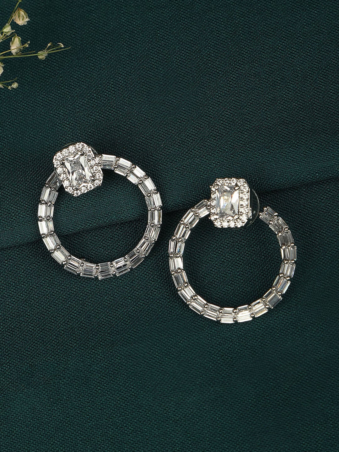 

AccessHer Silver-Toned AD Circular Drop Earrings