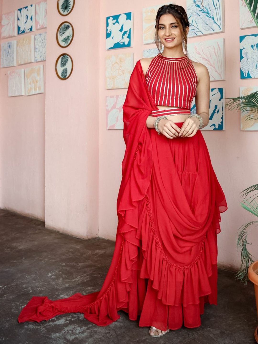 

Lavanya The Label Red Mukaish Half and Half Saree