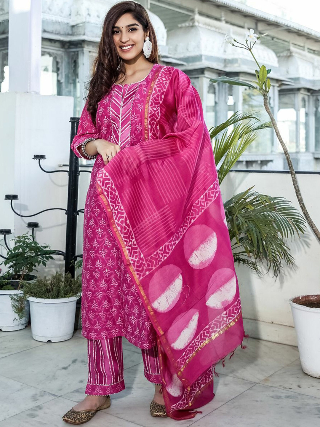 

Lavanya The Label Women Pink Ethnic Motifs Printed Layered Chanderi Cotton Kurti with Sharara & With Dupatta