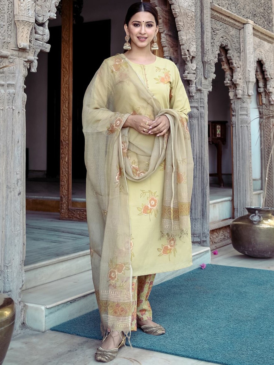 

Lavanya The Label Women Green Ethnic Motifs Embroidered Pure Cotton Kurta with Churidar & With Dupatta