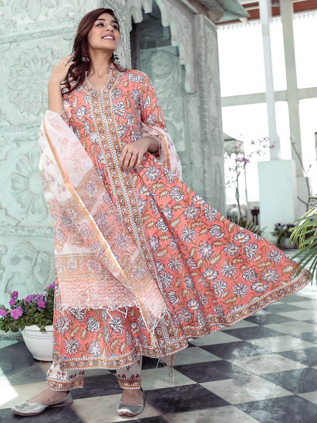 

Lavanya The Label Women Peach-Coloured Floral Embroidered Pure Cotton Kurta with Salwar & With Dupatta