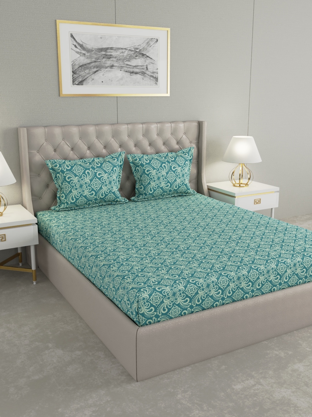 

Raymond Home Green & Beige Ethnic Motifs 104 TC King Bedsheet with 2 Pillow Covers