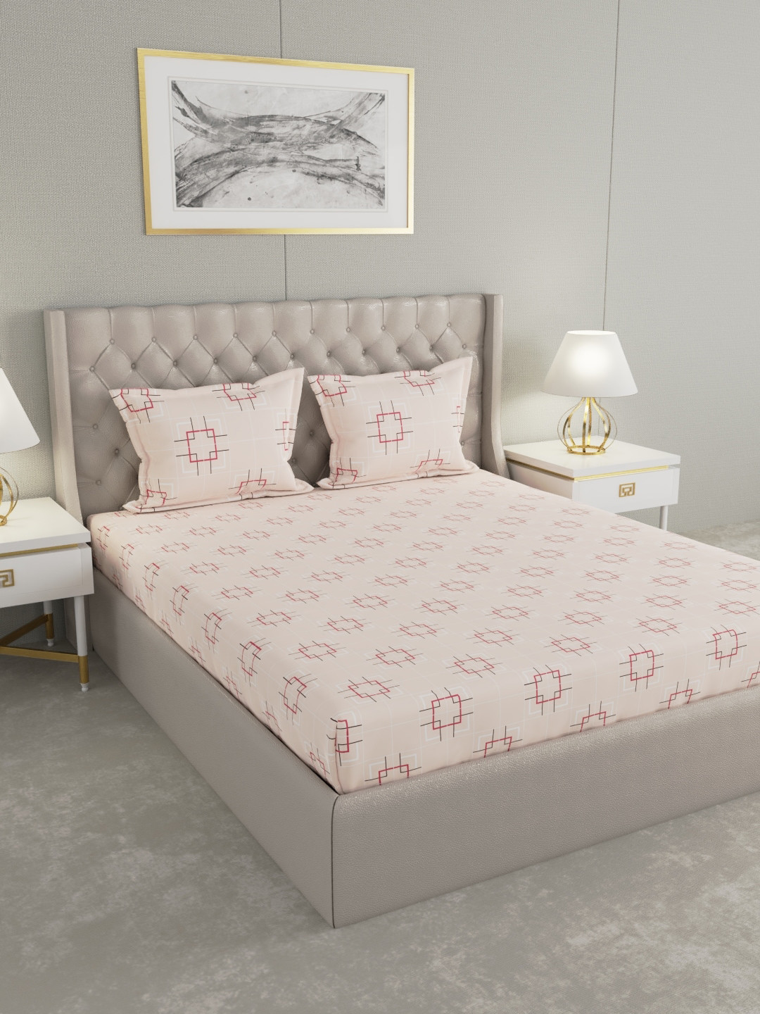 

Raymond Home Pink & Red Geometric 104 TC Queen Bedsheet with 2 Pillow Covers