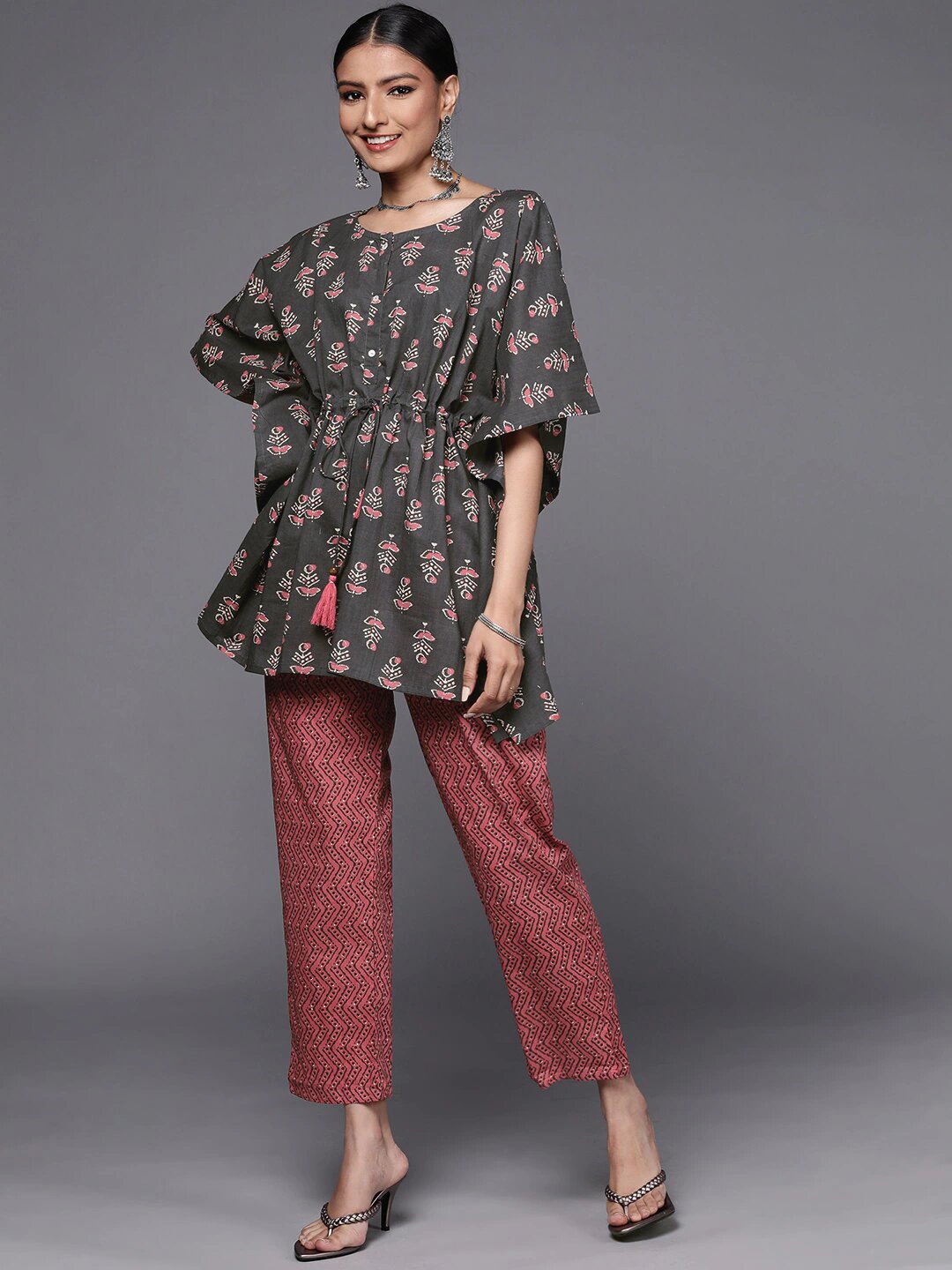 

Varanga Women Charcoal Floral Printed Pleated Pure Cotton Kurti with Trousers
