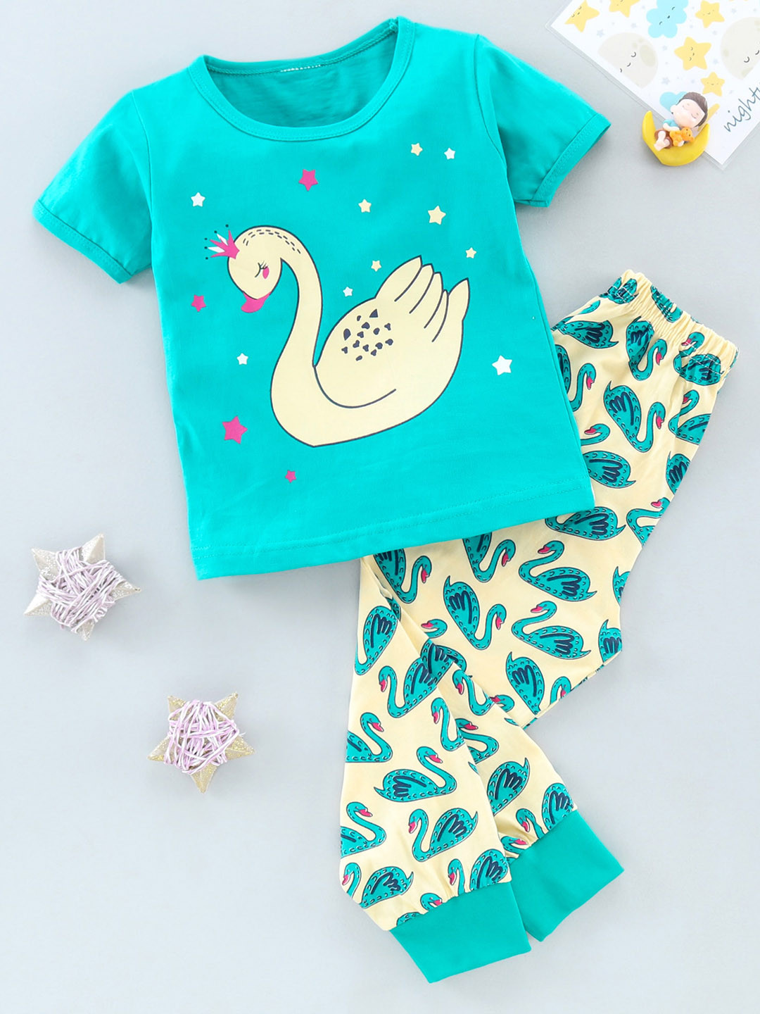

The Boo Club Kids Sea Green Printed Cotton T-shirt With Pyjamas