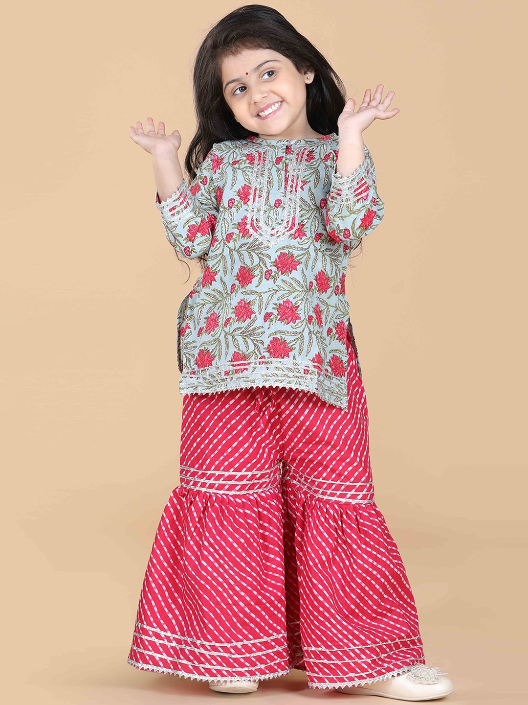 

ADIVA Girls Pink Floral Striped Layered Pure Cotton Kurti with Sharara