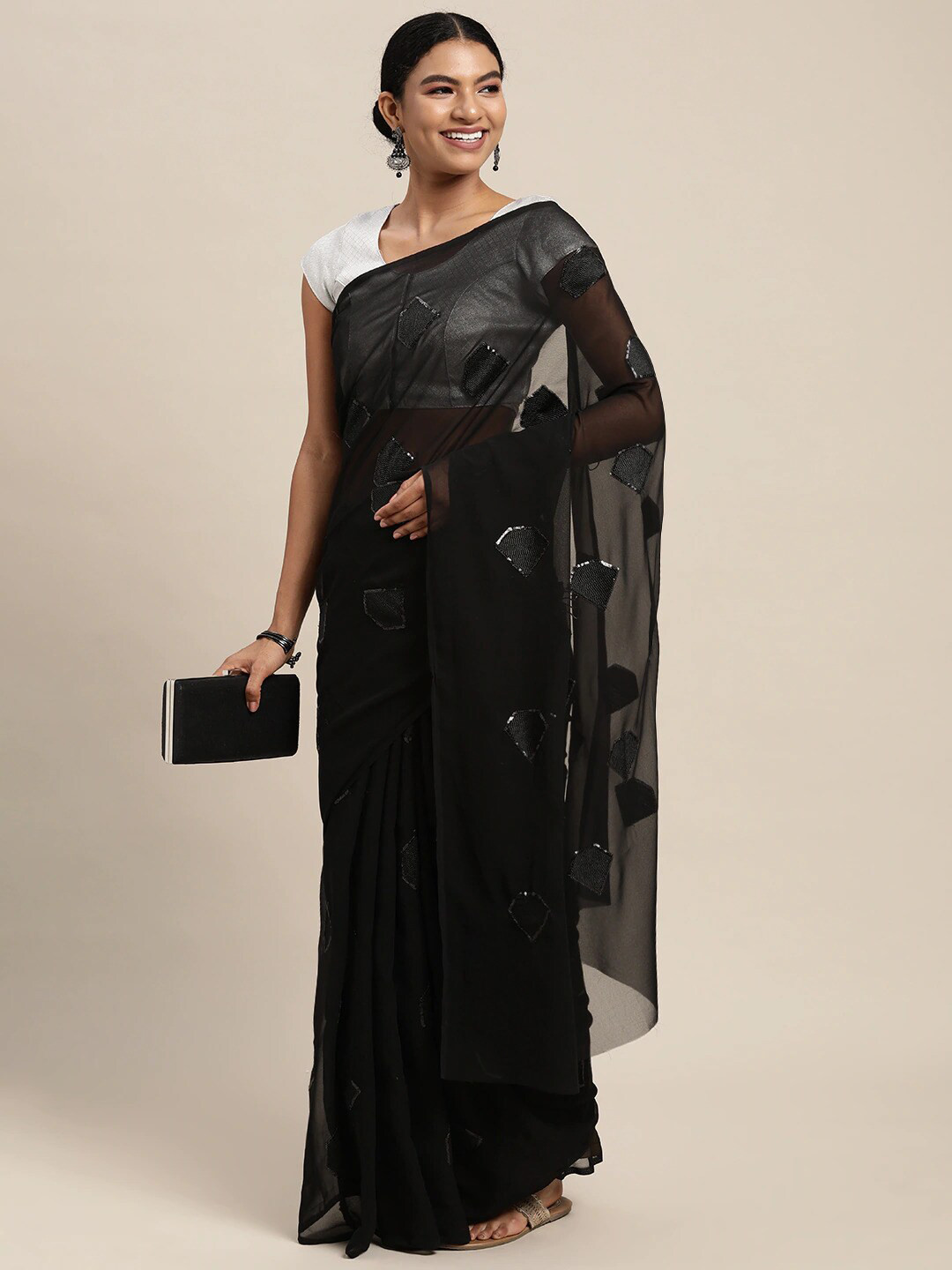 

KALINI Black & Silver-Toned Embellished Sequinned Saree