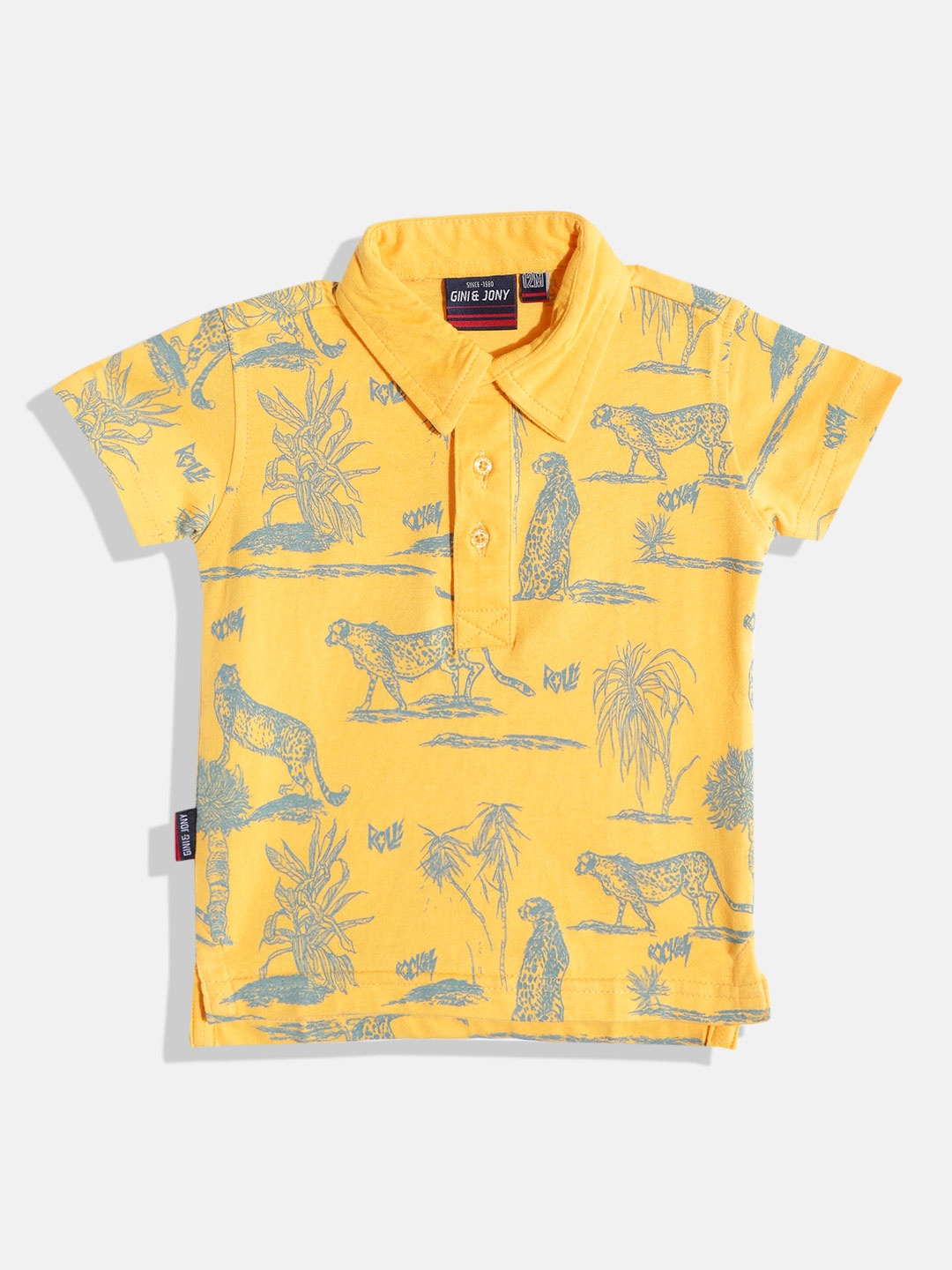 

Gini and Jony Boys Yellow & Grey Pure Cotton Graphic Print Polo Collar T-shirt