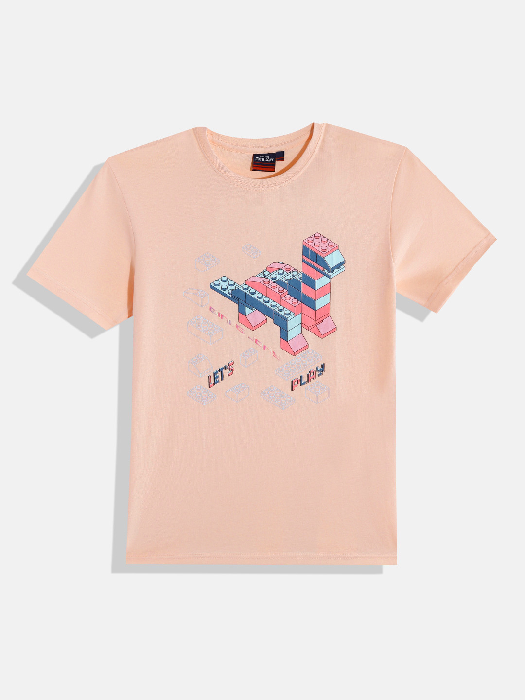 

Gini and Jony Boys Peach-Coloured & Blue Printed Pure Cotton T-shirt