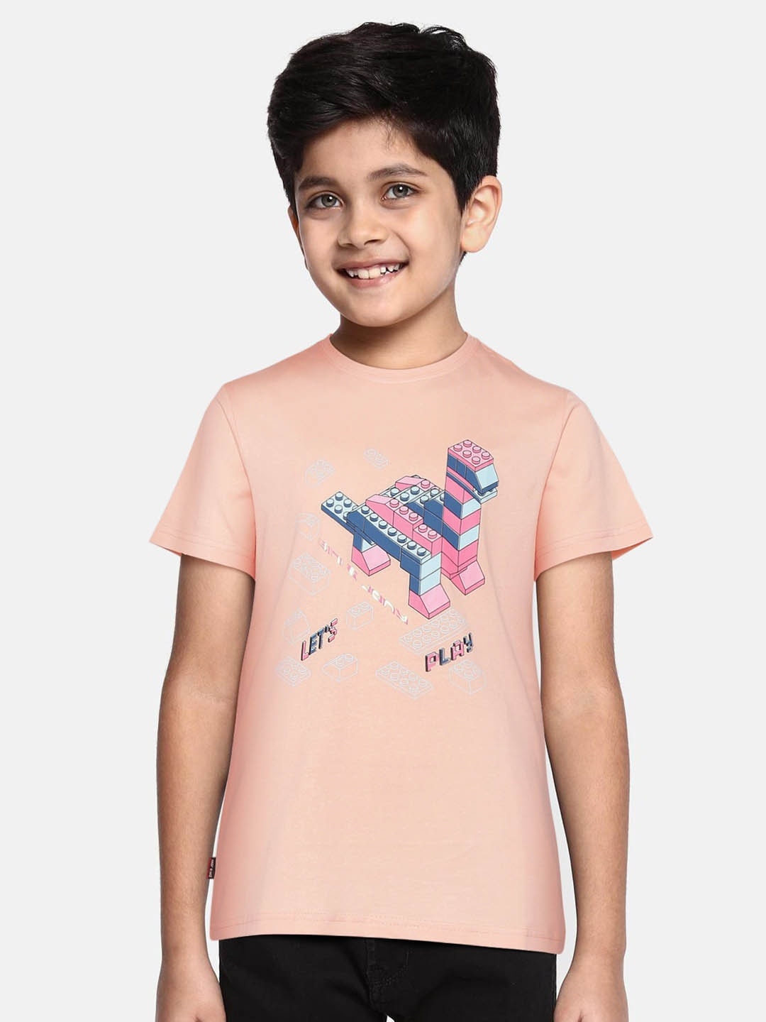 

Gini and Jony Boys Peach-Coloured & Blue Printed Pure Cotton T-shirt