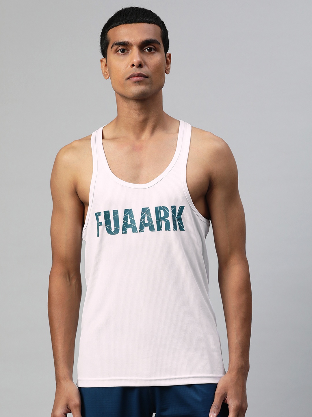 

FUAARK Men White & Blue Brand Logo Printed Sports and Gym Innerwear Vest
