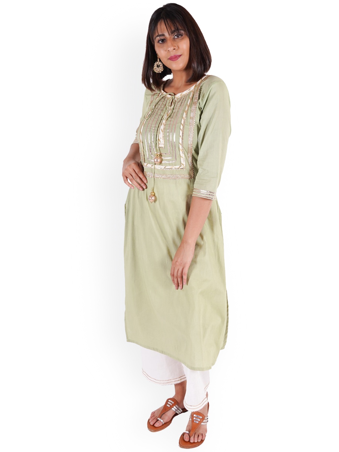 

HOUSE OF JAMOTI Women Green Yoke Design Thread Work Pure Cotton Kurta with Palazzos