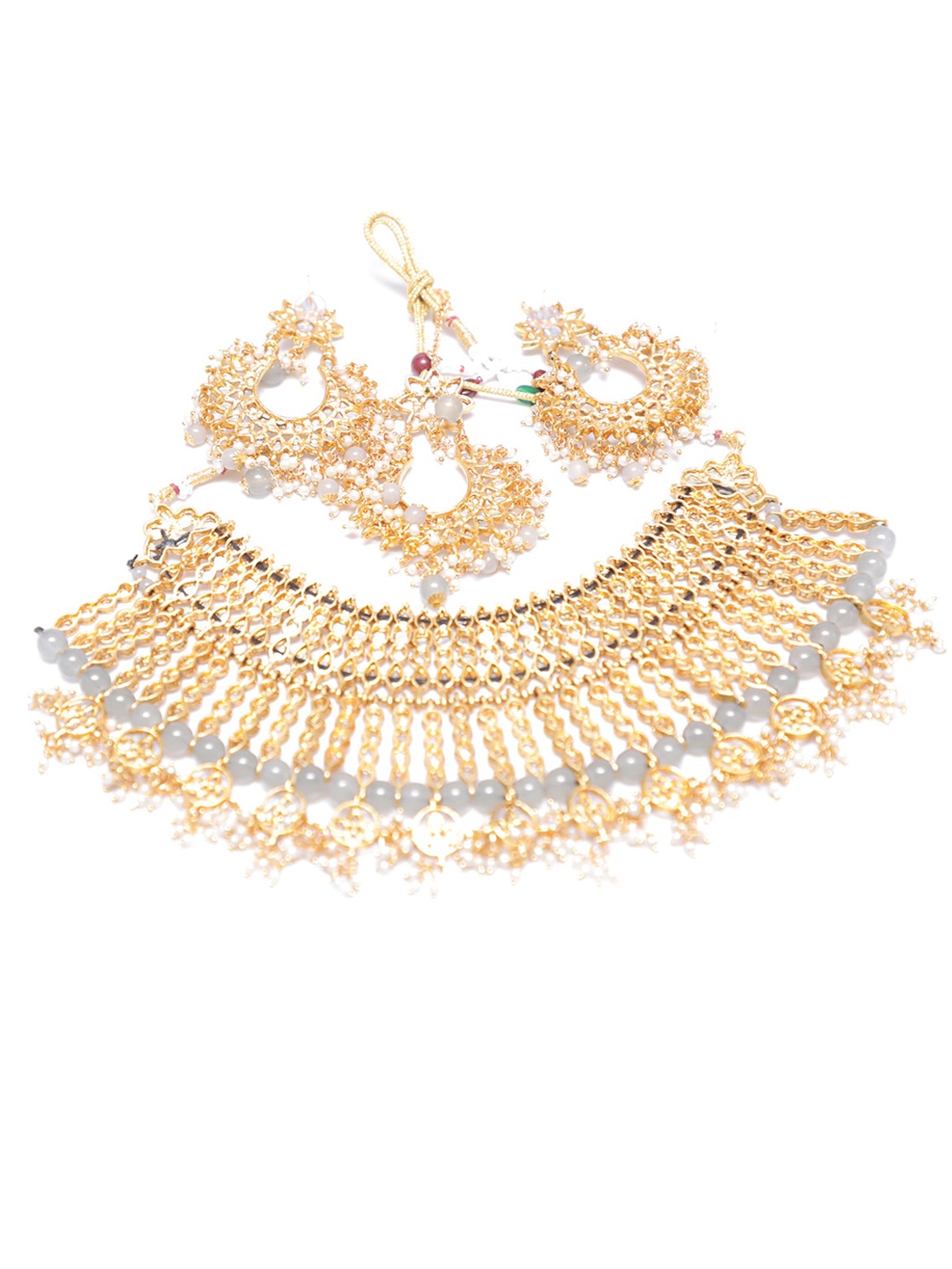 Swarajshop Gold-Plated Grey & White Kundan-Studded Jewellery Set