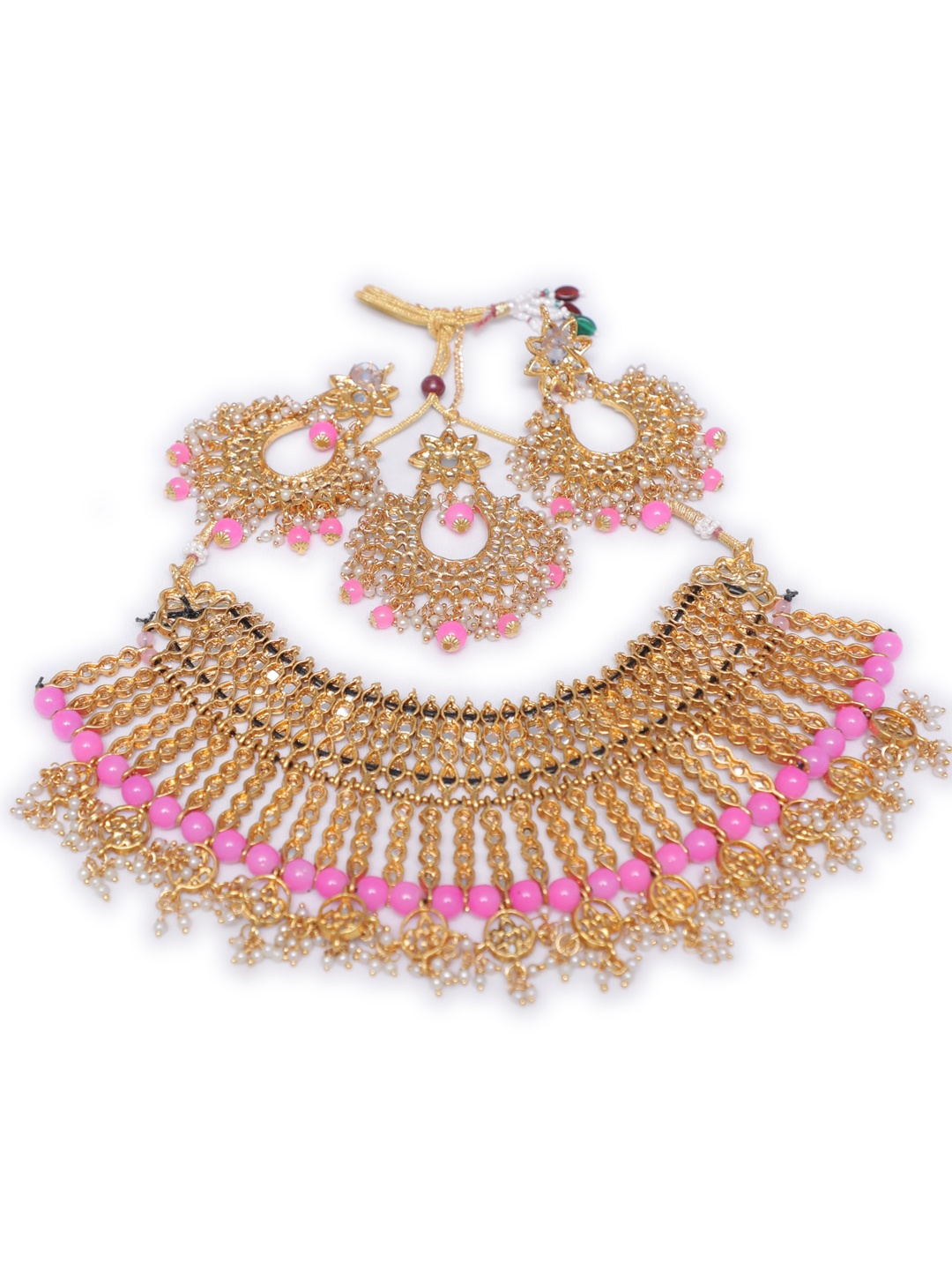 Swarajshop Women Gold-Plated Pink Kundan Studded & Beaded Jewellery Set