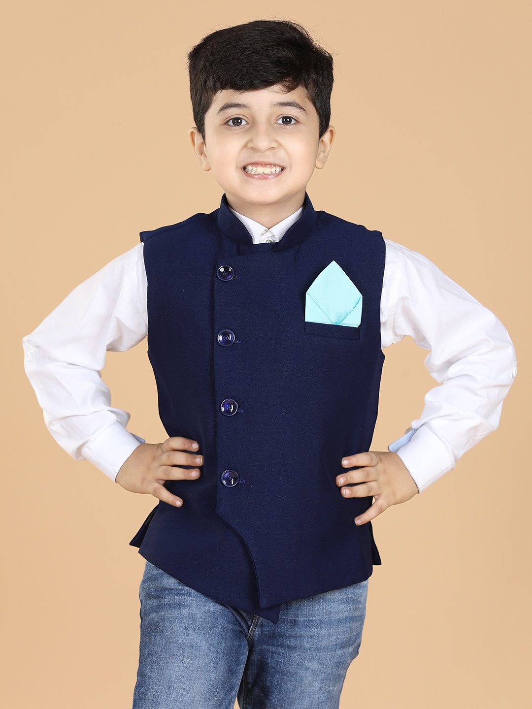 

Aj DEZInES Boys Blue Solid Woven Waistcoat
