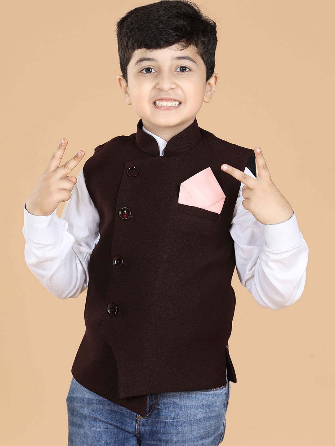 

Aj DEZInES Boys Brown Solid Woven Nehru Jackets