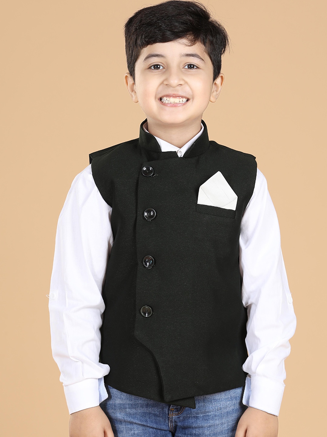 

Aj DEZInES Boys Black Solid Nehru Jacket