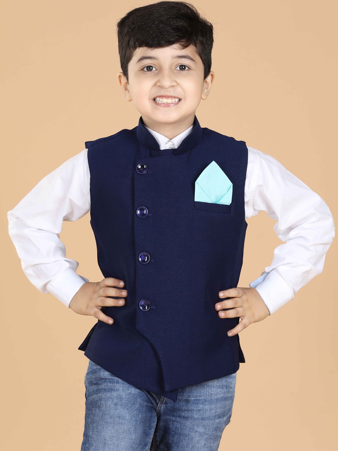

Aj DEZInES Boys Navy Blue Solid Woven Ethnic Nehru Jacket