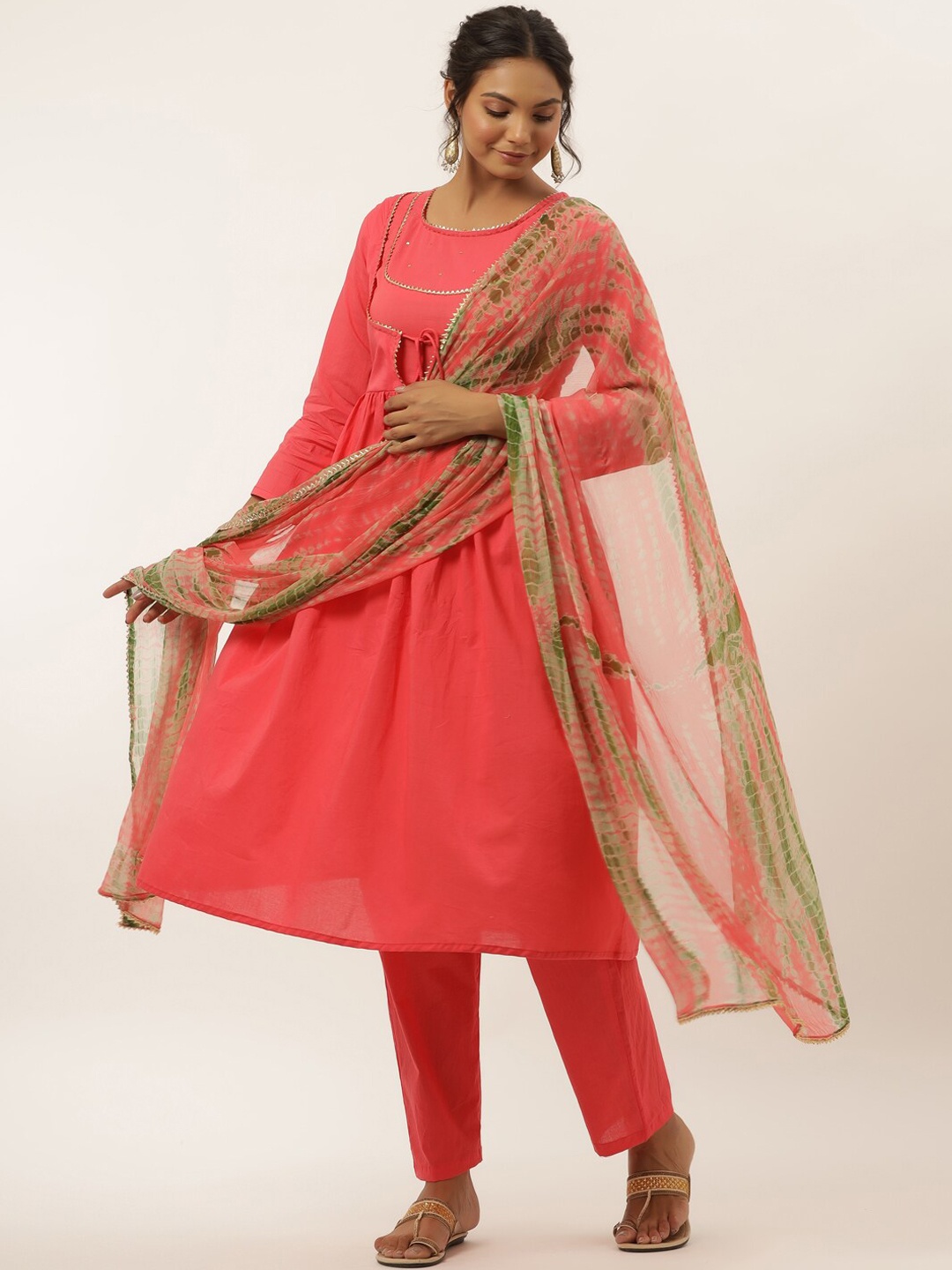 

HOUSE OF JAMOTI Women Rust Layered Gotta Patti Silk Georgette Kurta with Trousers & With Dupatta