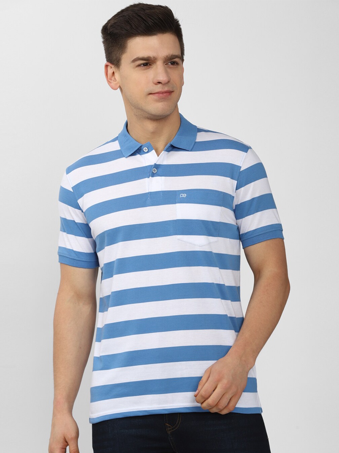

Peter England Casuals Men Blue Striped Polo Collar T-shirt