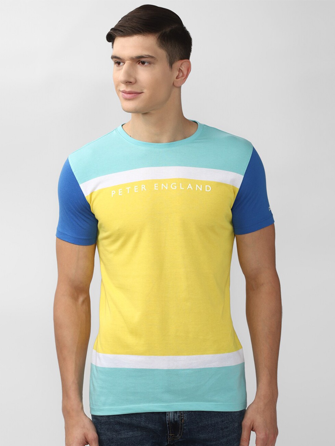

Peter England Casuals Men Multicoloured Colourblocked Slim Fit T-shirt, Multi