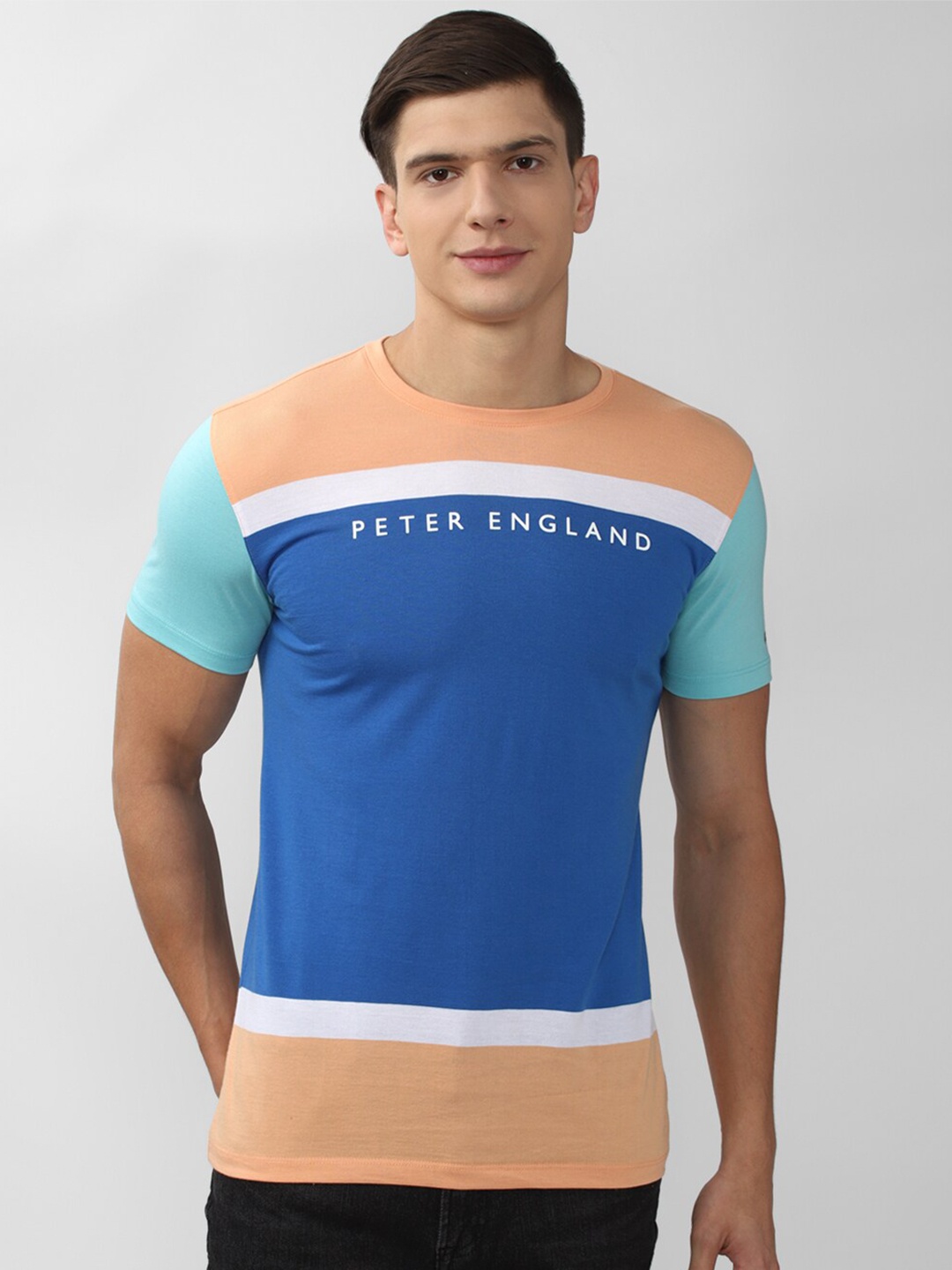 

Peter England Casuals Men Multicoloured Colourblocked Slim Fit T-shirt, Multi