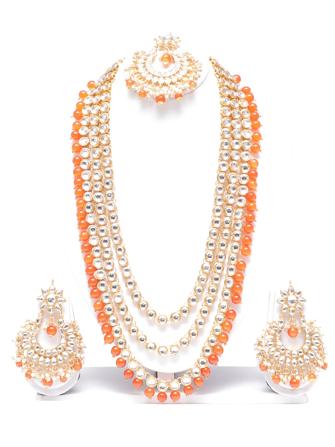 

Swarajshop Gold-Plated Orange & White Kundan-Studded Jewellery Set