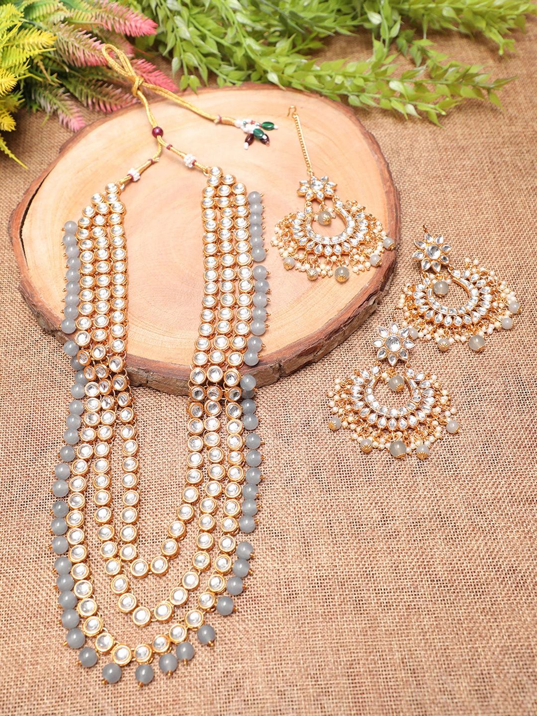 

Swarajshop Gold-Plated Grey Kundan Beaded Necklace Set