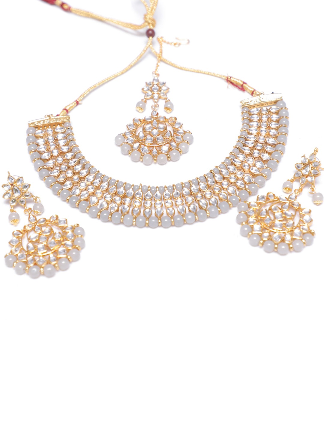 

Swarajshop Women Gold-Plated Grey Kundan-Studded & Beaded Jewelry Set