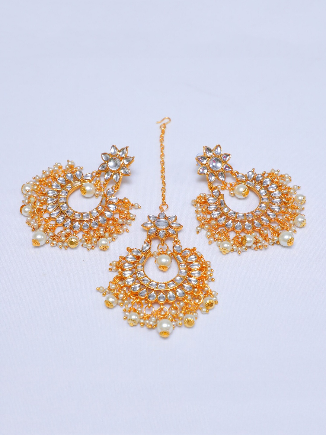 

Swarajshop Gold-Plated Pearl Beaded & Kundan -Studded Jewellery Set, White
