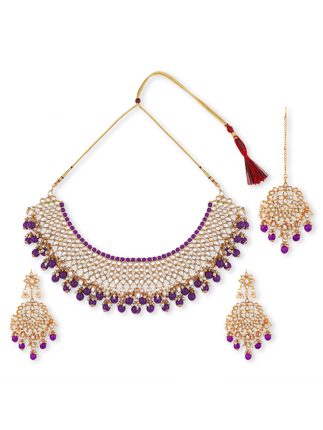 

Swarajshop Gold-Plated Purple & White Stone-Studded & Beaded Jewellery Set