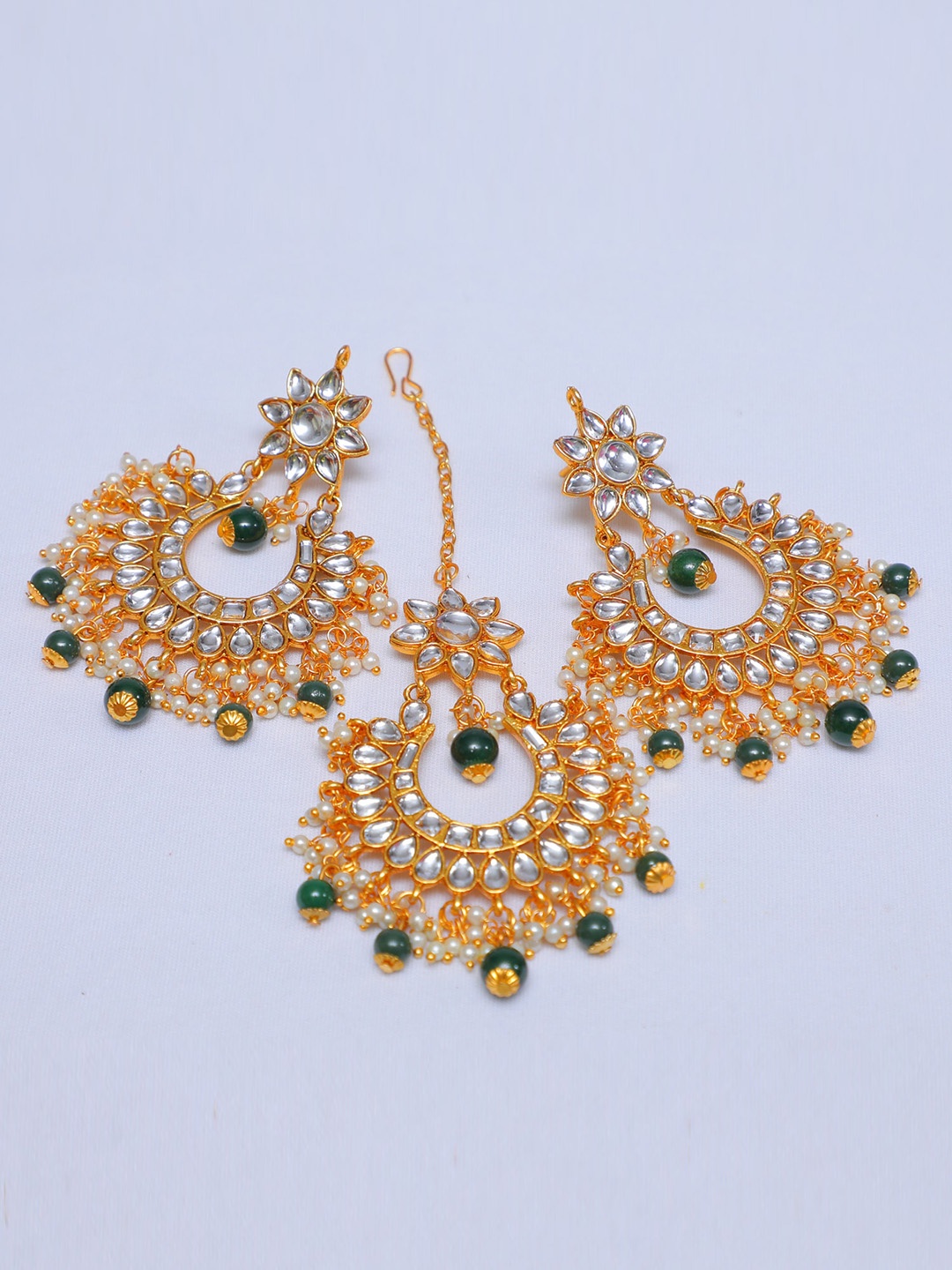 Swarajshop Gold-Plated Green Kundan Studded Layered Jewellery Set