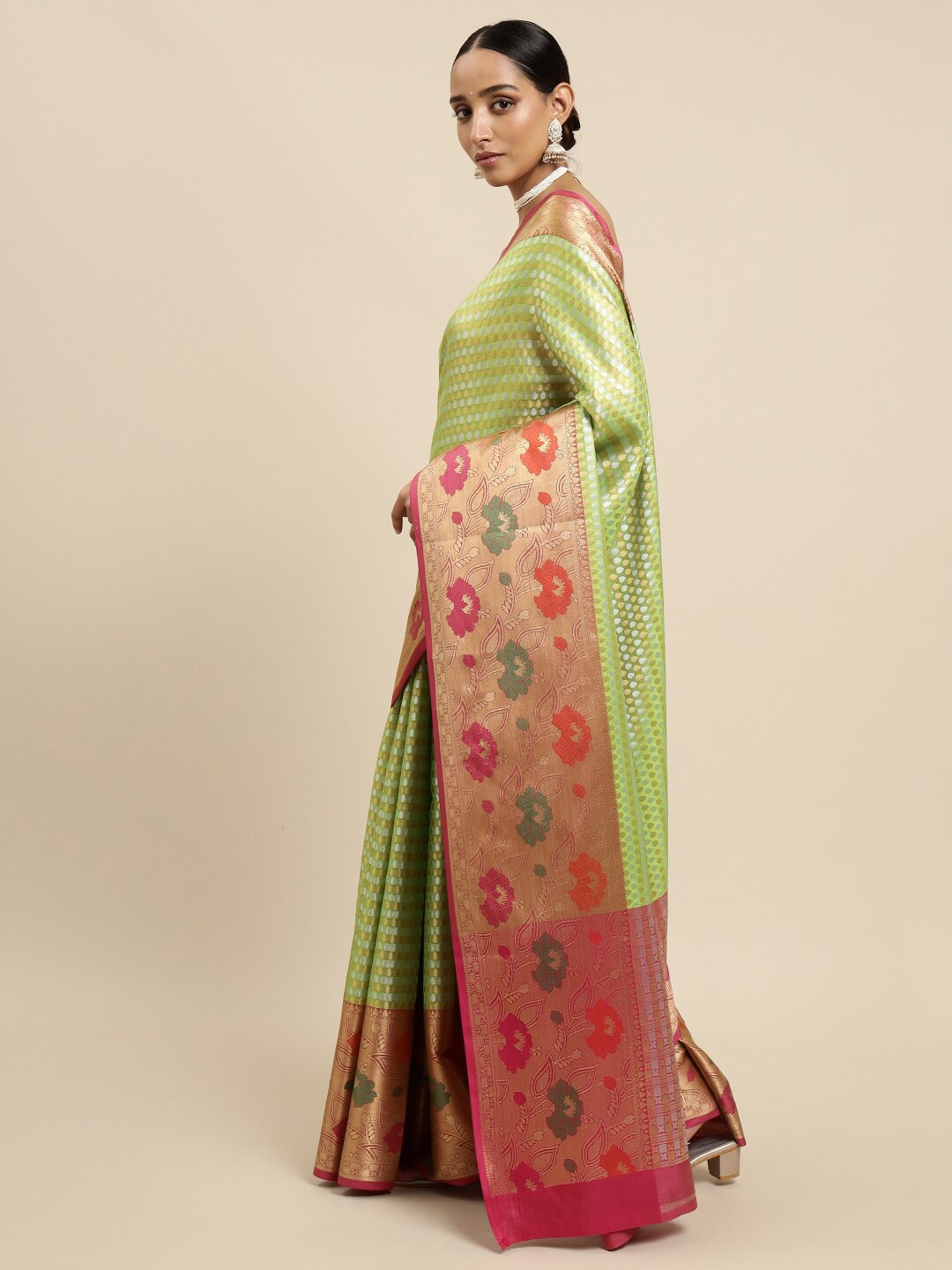 

MIMOSA Green & Pink Floral Zari Art Silk Kanjeevaram Saree